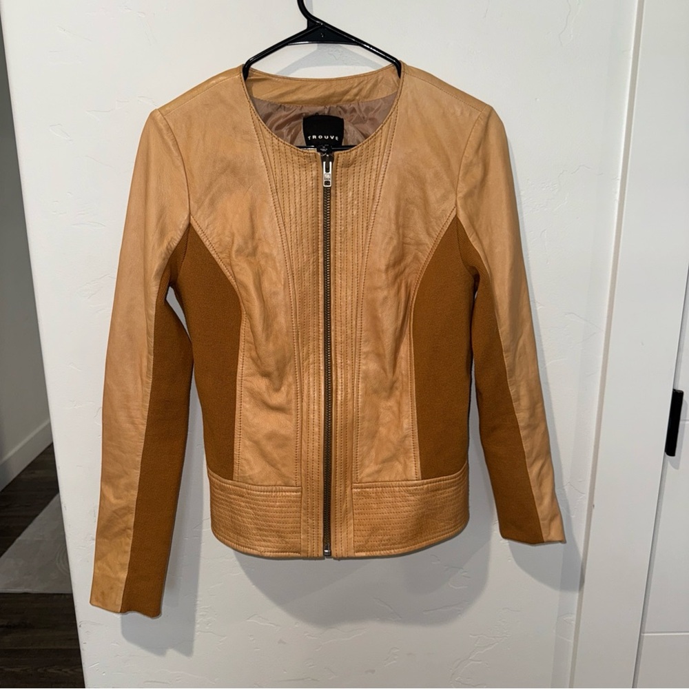 Trouve Leather ZIP Jacket Cotton Blend Medium Tan Camel Color